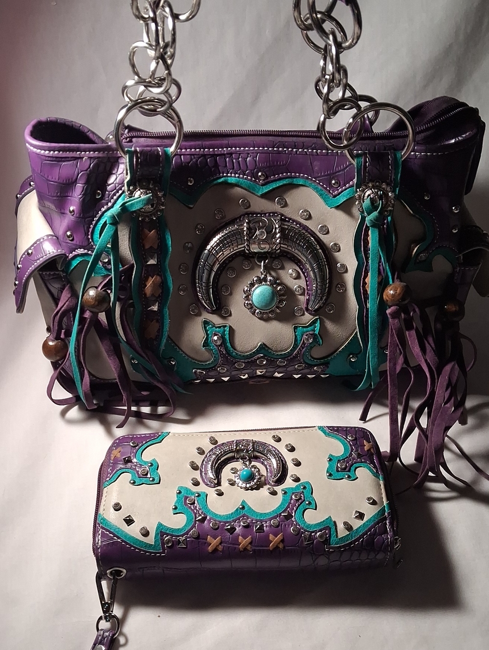 Cowgirl Trendy Handbag Purple Turquoise Embellished Woman's Conceal Carry Bag